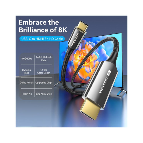 Кабель мультимедійний USB-C 3.1 to HDMI 1.8m 8K 60 Гц Zinc Alloy TPE Black Vention (CRCBAC) – Vention (вид 1)