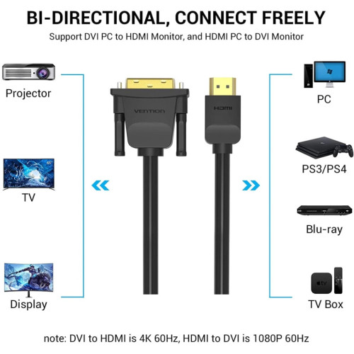 Кабель мультимедійний HDMI M to DVI M 2.0m black Vention (ABFBH) – Vention