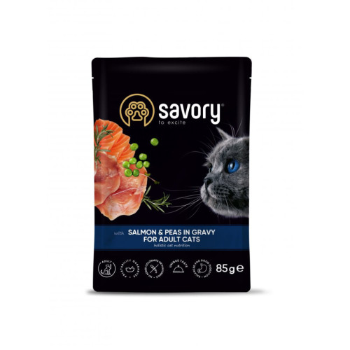 Вологий корм для кішок Savory лосось з горошком у соусі 85 г (4820261920116) – Savory