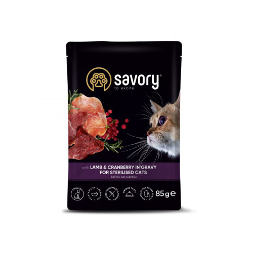 Вологий корм для кішок Savory ягня з журавлиною у соусі для стерилізованих 85 г (4820261920093) – Savory