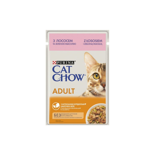 Вологий корм для кішок Purina Cat Chow Adult з лососем і зеленою квасолею в желе 85г (7613036595063) – Purina Cat Chow