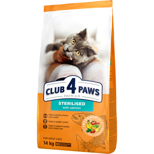 Сухий корм для кішок Club 4 Paws Premium для дорослих стерилізованих з лососем 14 кг (4820215369497) – Club 4 Paws