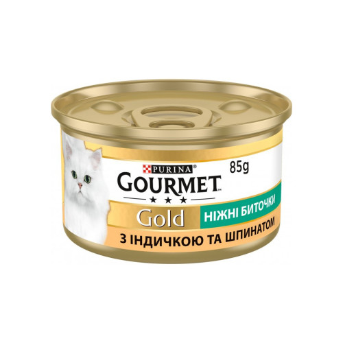 Вологий корм для кішок Purina Gourmet Gold. Ніжні биточки з індичкою і шпинатом 85 г (7613035442245) – Purina Gourmet