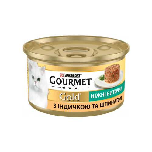 Вологий корм для кішок Purina Gourmet Gold. Ніжні биточки з індичкою і шпинатом 85 г (7613035442245) – Purina Gourmet (вид 1)