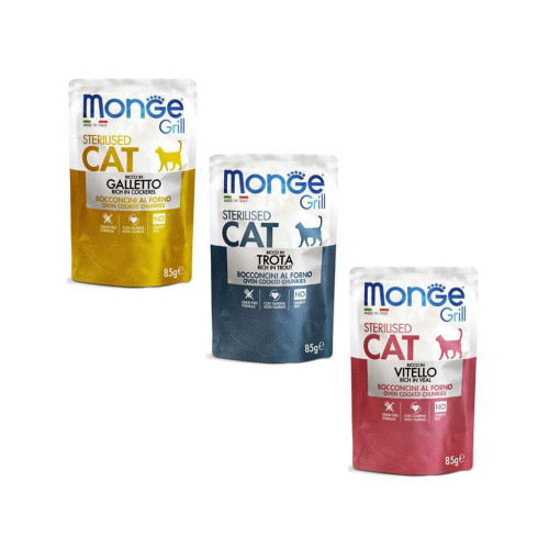 Влажный корм для кошек Monge Cat grill mix ster с петухом, форелью и телятиной 1.02 г (8009470017527) – Monge (вид 1)