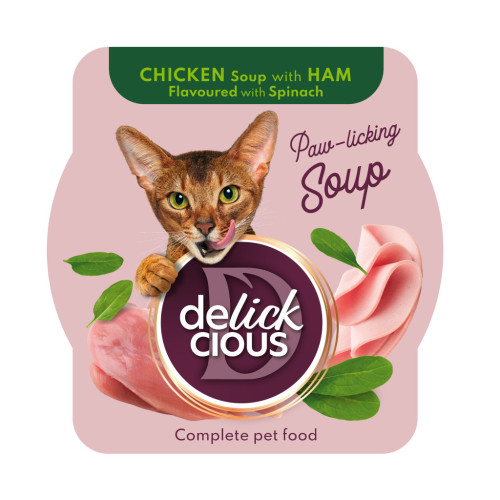 Вологий корм для кішок Delickcious Суп з курки з шинкою та додаванням шпинату 80 г (4820269141599) – Delickcious
