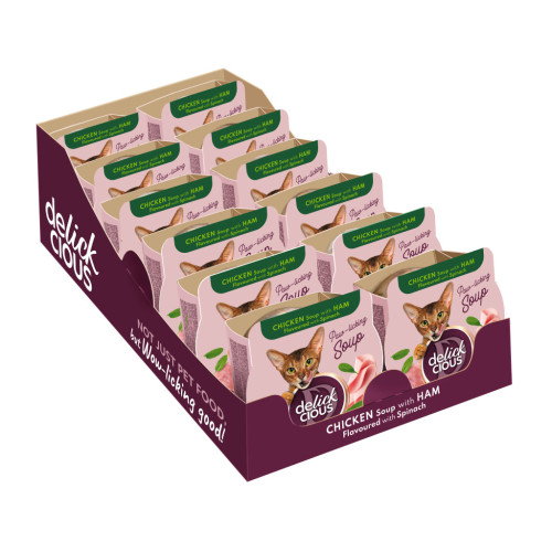 Вологий корм для кішок Delickcious Суп з курки з шинкою та додаванням шпинату 80 г (4820269141599) – Delickcious (вид 1)