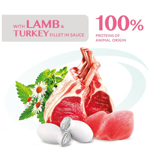 Вологий корм для кішок Optimeal з чутливим травленням з ягням та філе індички в соусі 85 г (4820215364003) – Optimeal (вид 1)