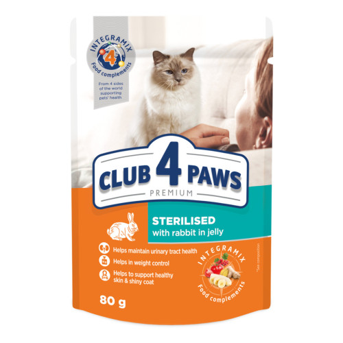 Влажный корм для кошек Club 4 Paws для стерилизованных с кроликом в желе 80 г (4820215367578) – Club 4 Paws