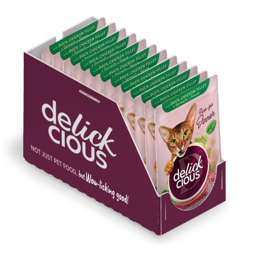 Вологий корм для кішок Delickcious Шматочки з качкою, курячим філе і шпинатом в соусі 85 г (4820269143142) – Delickcious (вид 1)