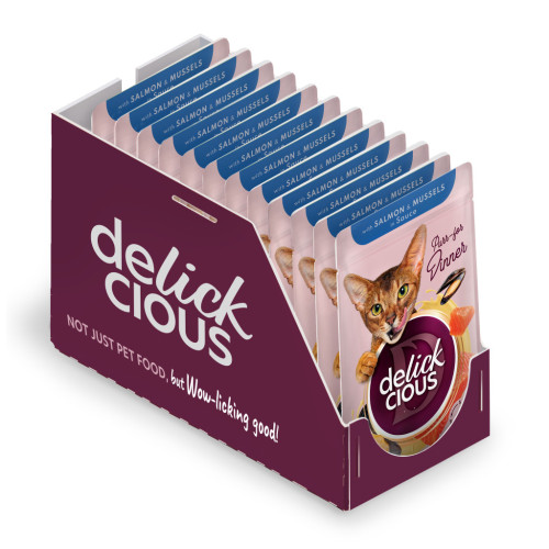 Вологий корм для кішок Delickcious Шматочки з лососем і мідіями в соусі 85 г (4820269143135) – Delickcious (вид 1)