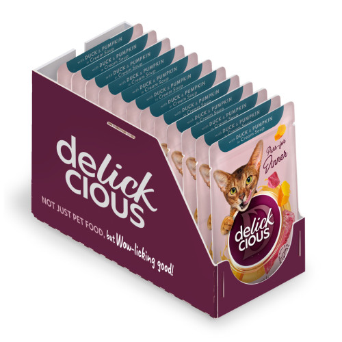 Вологий корм для кішок Delickcious Смужки з качкою та гарбузом в крем-супі 85 г (4820269141797) – Delickcious (вид 1)