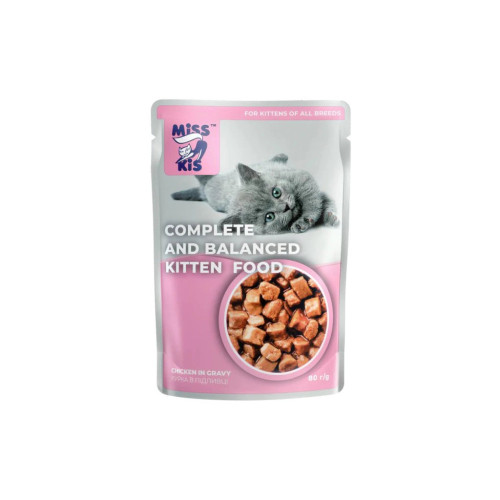 Влажный корм для кошек Mis Kiss для котят курица в соусе 80 г (4820111141425) – Mis Kiss