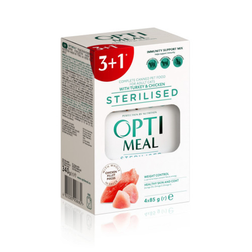 Вологий корм для кішок Optimeal для стерилізованих з індичкою та курячим філе в соусі 4x85 г (4820083908682) – Optimeal