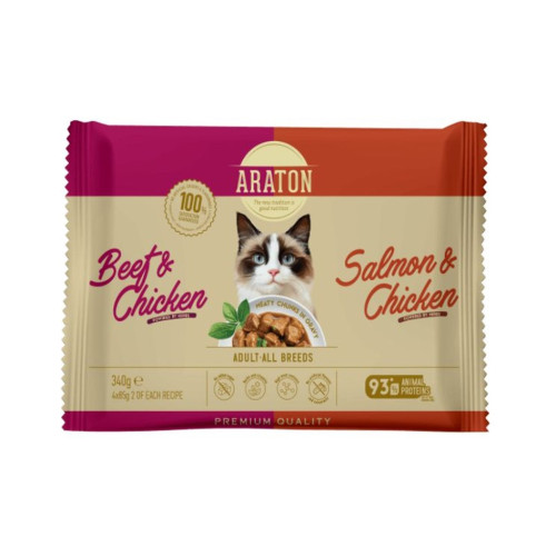 Вологий корм для кішок ARATON Set Adult (Лосось і курка, Яловичина і курка) 4x85 г (ART47929) – ARATON