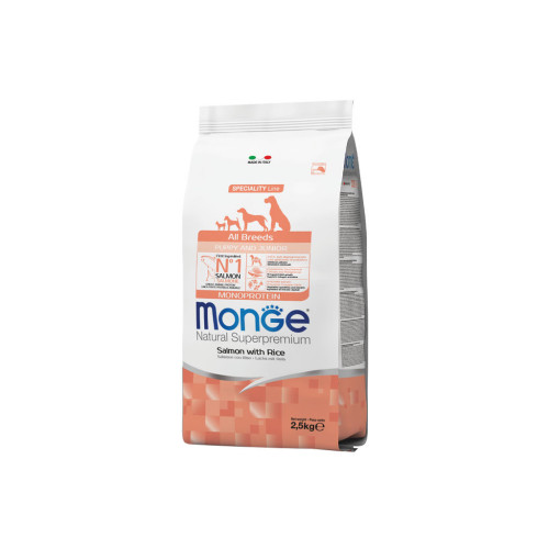 Сухий корм для собак Monge Dog All breeds Puppy&Junior зі смаком лосося та рису 2.5 кг (8009470011204) – Monge