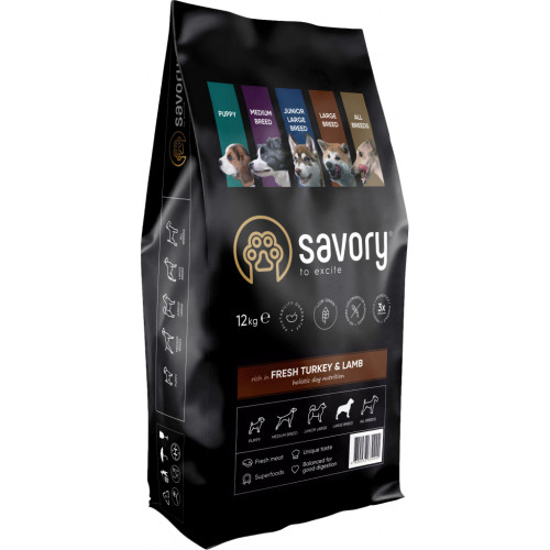 Сухий корм для собак Savory Large Breeds rich in Fresh Turkey and Lamb 12 кг (4820232630242) – Savory
