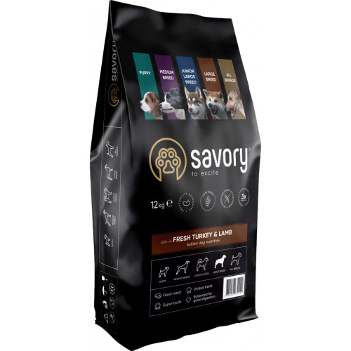 Сухий корм для собак Savory Medium Breed rich in Fresh Turkey and Lamb 12 кг (4820232630273) – Savory