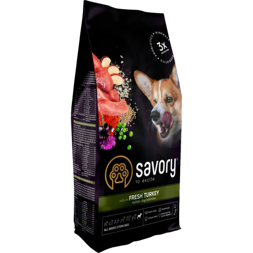 Сухий корм для собак Savory All Breed Sterilised rich in Fresh Turkey 1 кг (4820232631492) – Savory