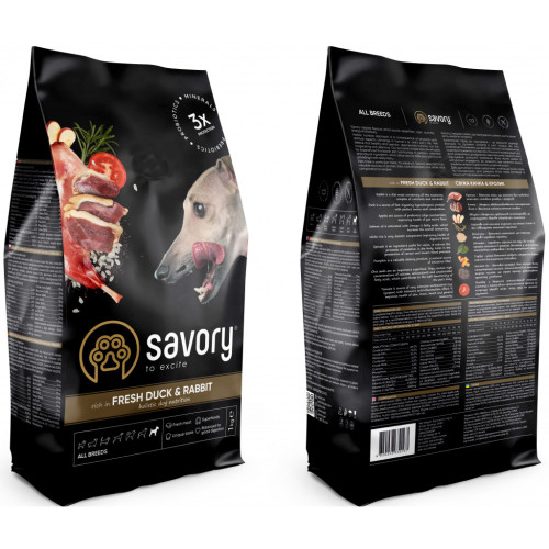 Сухой корм для собак Savory Adult All Breeds rich in Fresh Duck and Rabbit 1 кг (4820232630167) – Savory (вид 1)