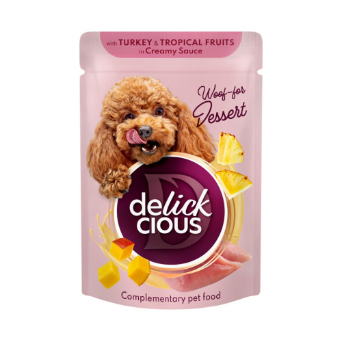 Вологий корм для собак Delickcious Пластівці з індичкою та тропічними фруктами у вершковому соусі 80 г (4820269141827) – Delickcious