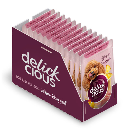 Вологий корм для собак Delickcious Пластівці з індичкою та тропічними фруктами у вершковому соусі 80 г (4820269141827) – Delickcious (вид 1)