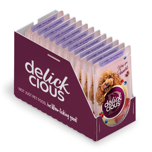 Влажный корм для собак Delickcious Хлопья с ягнятиной и лесными ягодами в сливочном соусе 80 г (4820269141858) – Delickcious (вид 1)