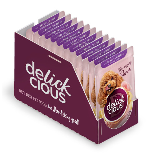 Влажный корм для собак Delickcious Полоски с индейкой и сыром в крем-супе 85 г (4820269141810) – Delickcious (вид 1)