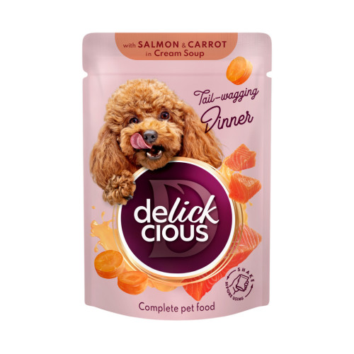 Вологий корм для собак Delickcious Смужки з лососем та морквою в крем-супі 85 г (4820269142053) – Delickcious