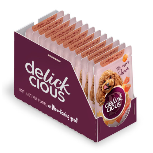 Вологий корм для собак Delickcious Смужки з лососем та морквою в крем-супі 85 г (4820269142053) – Delickcious (вид 1)