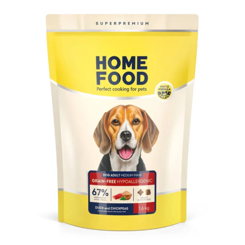 Сухий корм для собак Home Food ADULT MEDIUM/MAXI Grain-free hypoallergenic з качкою та нутом 1.6 кг (4820235021351) – Home Food