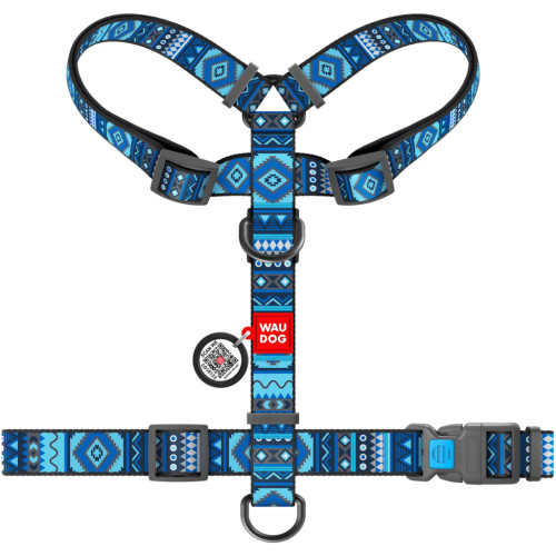 Шлей для собак WAUDOG Nylon с QR паспортом анатомическая H-образная "Этно синий" L (5586) – WAUDOG (вид 1)