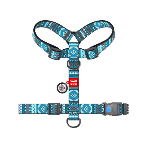 Шлей для собак WAUDOG Nylon анатомическая H-образная с QR-паспортом "Этно синий" пластиковый фастекс XL (323-0131) – WAUDOG (вид 1)