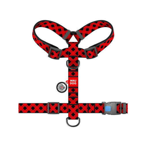 Шлея для собак WAUDOG Nylon анатомічна H-подібна з QR-паспортом "Шотландка червона" пластиковий фастекс XL (323-0100) – WAUDOG (вид 1)