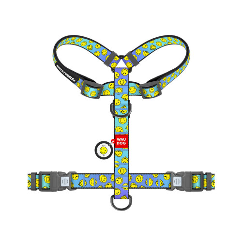 Шлей для собак WAUDOG Nylon анатомическая H-образная с QR-паспортом "Смайлики на голубом" пластиковый фастекс, L (345-0182) – WAUDOG (вид 1)