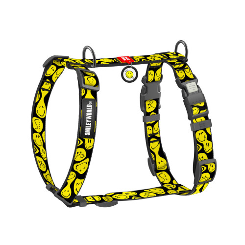 Шлей для собак WAUDOG Nylon анатомічна H-подібна з QR-паспортом "Смайли на чорному" пластиковий фастекс, L (345-0181) – WAUDOG