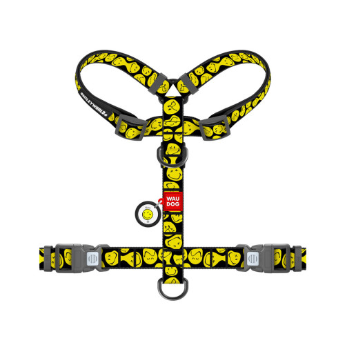 Шлей для собак WAUDOG Nylon анатомічна H-подібна з QR-паспортом "Смайли на чорному" пластиковий фастекс, L (345-0181) – WAUDOG (вид 1)