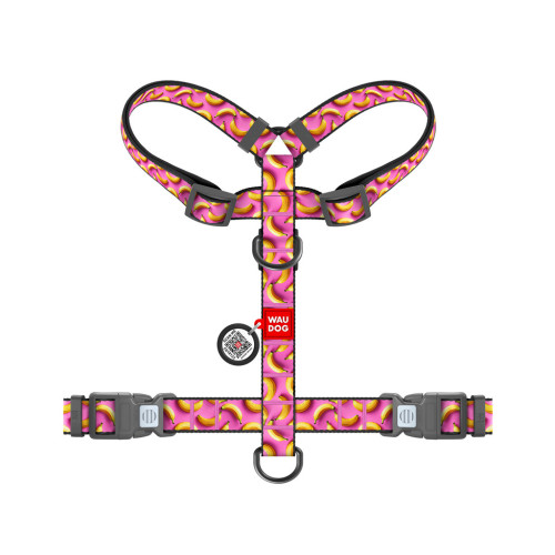 Шлей для собак WAUDOG H-образная анатомическая Nylon с QR адресником "Бананы на розовом" пластиковый фастекс S (343-4055) – WAUDOG (вид 1)