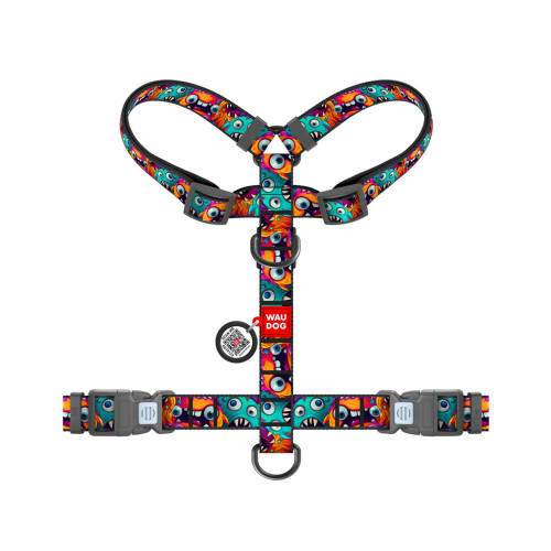 Шлей для собак WAUDOG H-образная анатомическая Nylon с QR адресником "Зубастые монстры" пластиковый фастекс S (343-4048) – WAUDOG (вид 1)