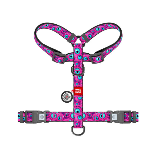 Шлей для собак WAUDOG H-образная анатомическая Nylon с QR адресником "Глаз монстра" пластиковый фастекс M (344-4049) – WAUDOG (вид 1)